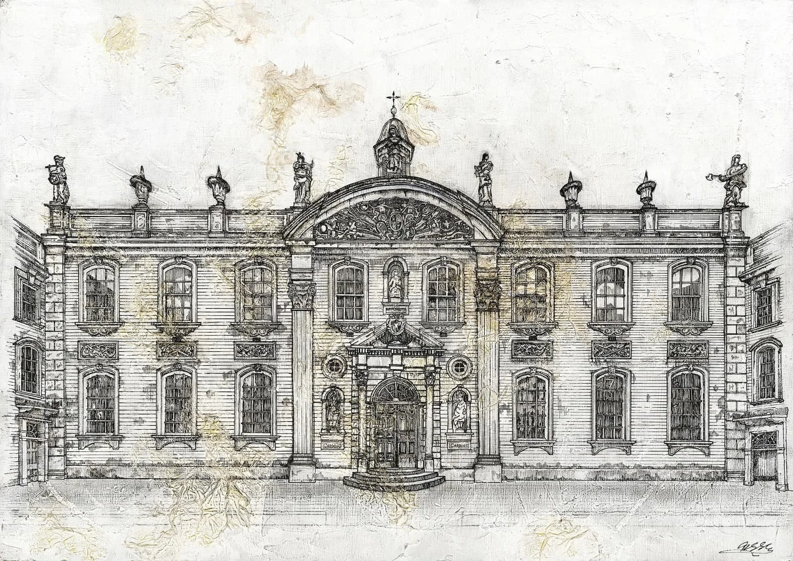 THE GUILDHALL WORCESTER,
2026,
acrylic, pen & ink, tissue paper, pencil on MDF,
(420x297cm)