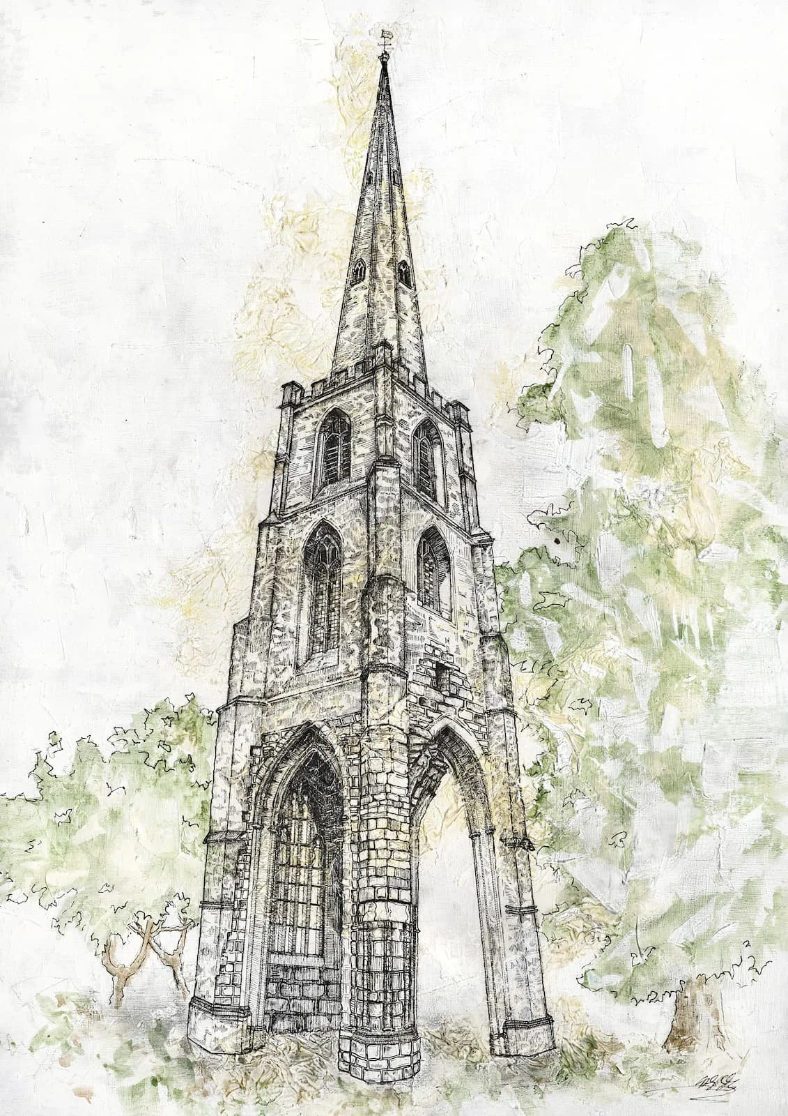 GLOVERS NEEDLE,
2026,
acrylic, pen & ink, tissue paper, pencil on MDF,
(297x420cm)