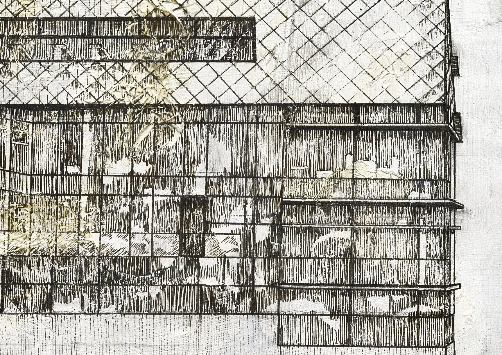 THE HIVE,
2026,
acrylic, pen & ink, tissue paper, pencil on MDF,
(420x297cm)