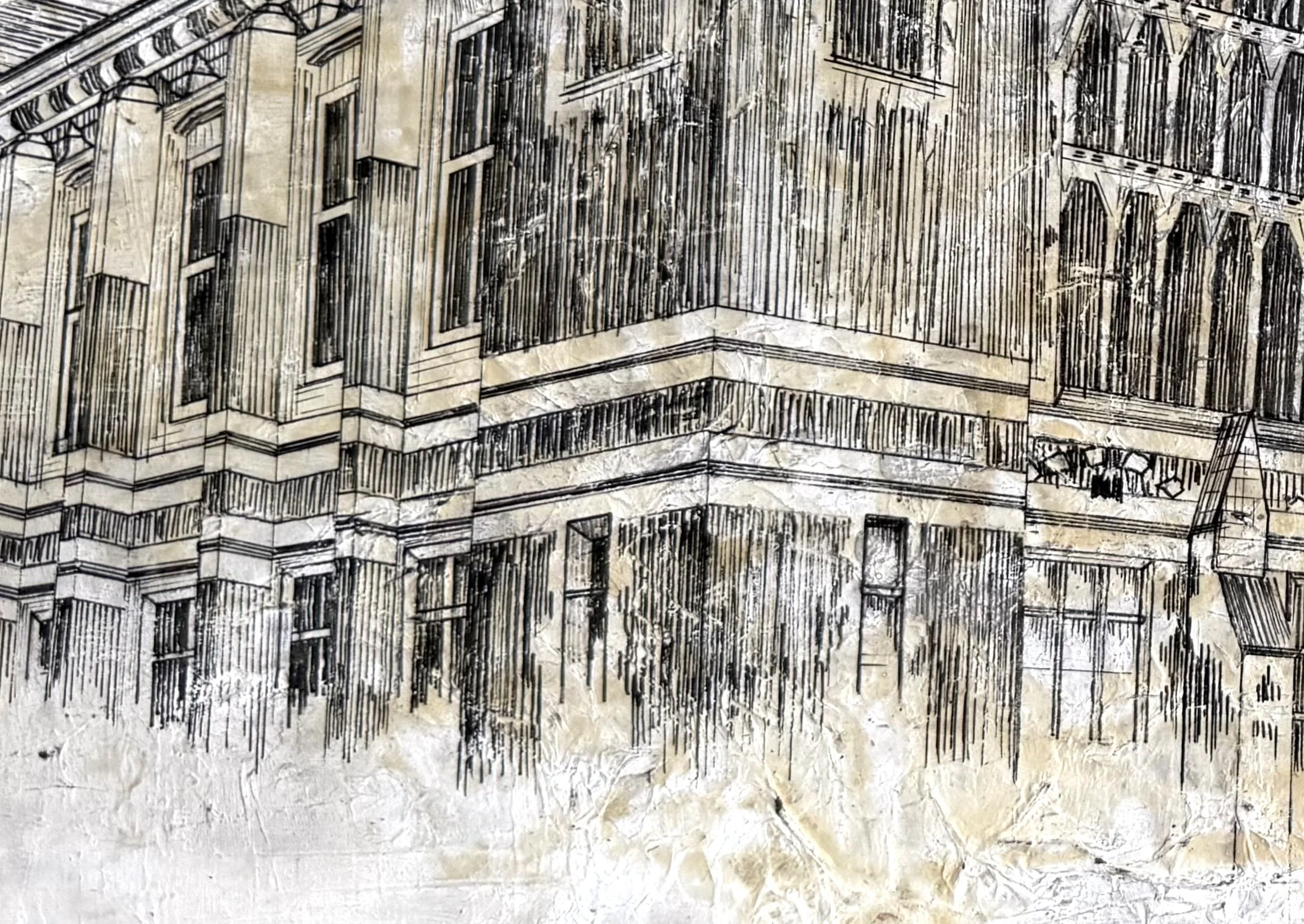 GREAT HALL, UNIVERSITY OF LEEDS,
2021,
acrylic, pen & ink, tissue paper, pencil on MDF
(420x297cm)