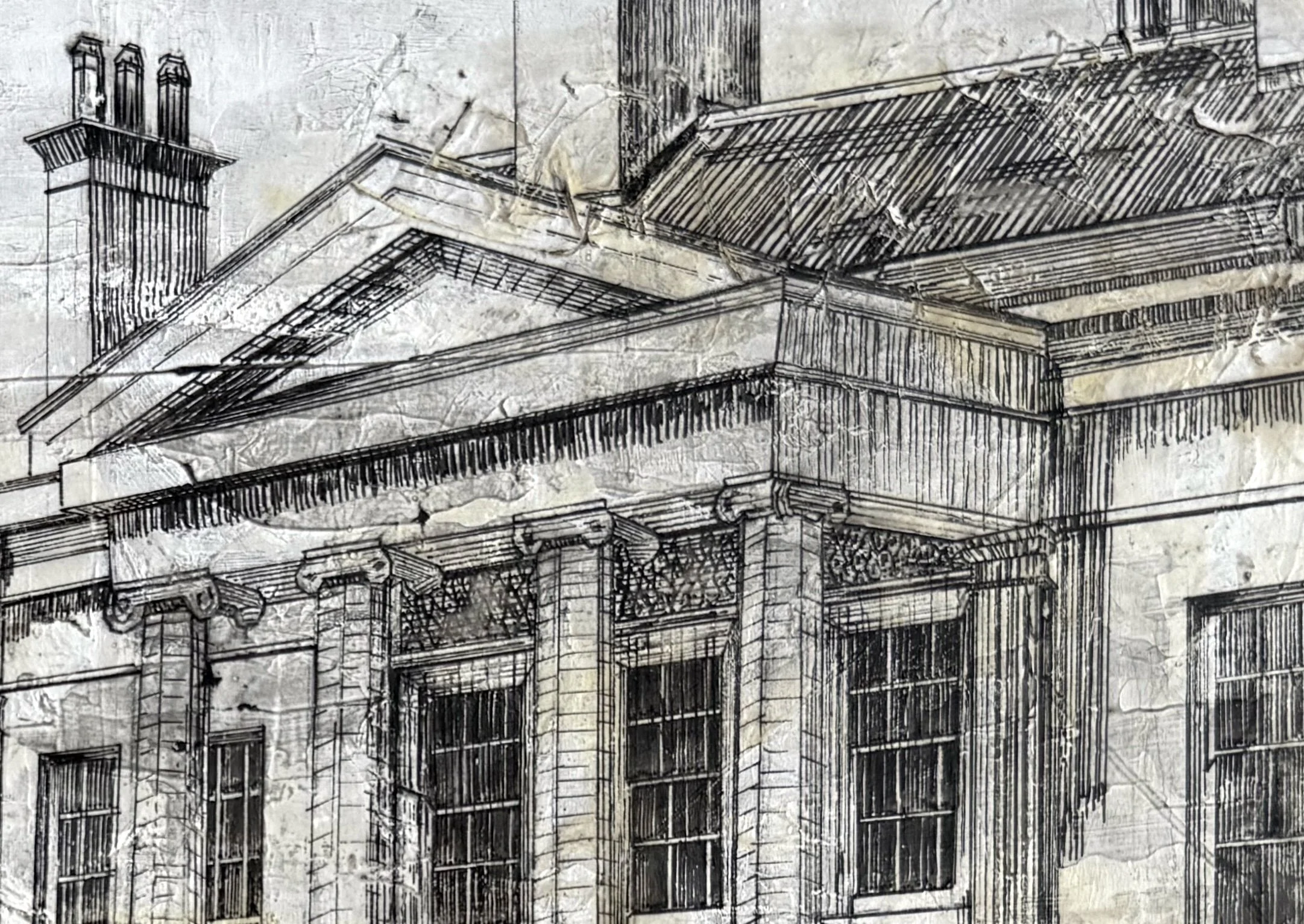 HYLANDS HOUSE,
2021, acrylic, pen & ink, tissue paper, pencil on MDF
(420x297cm)
