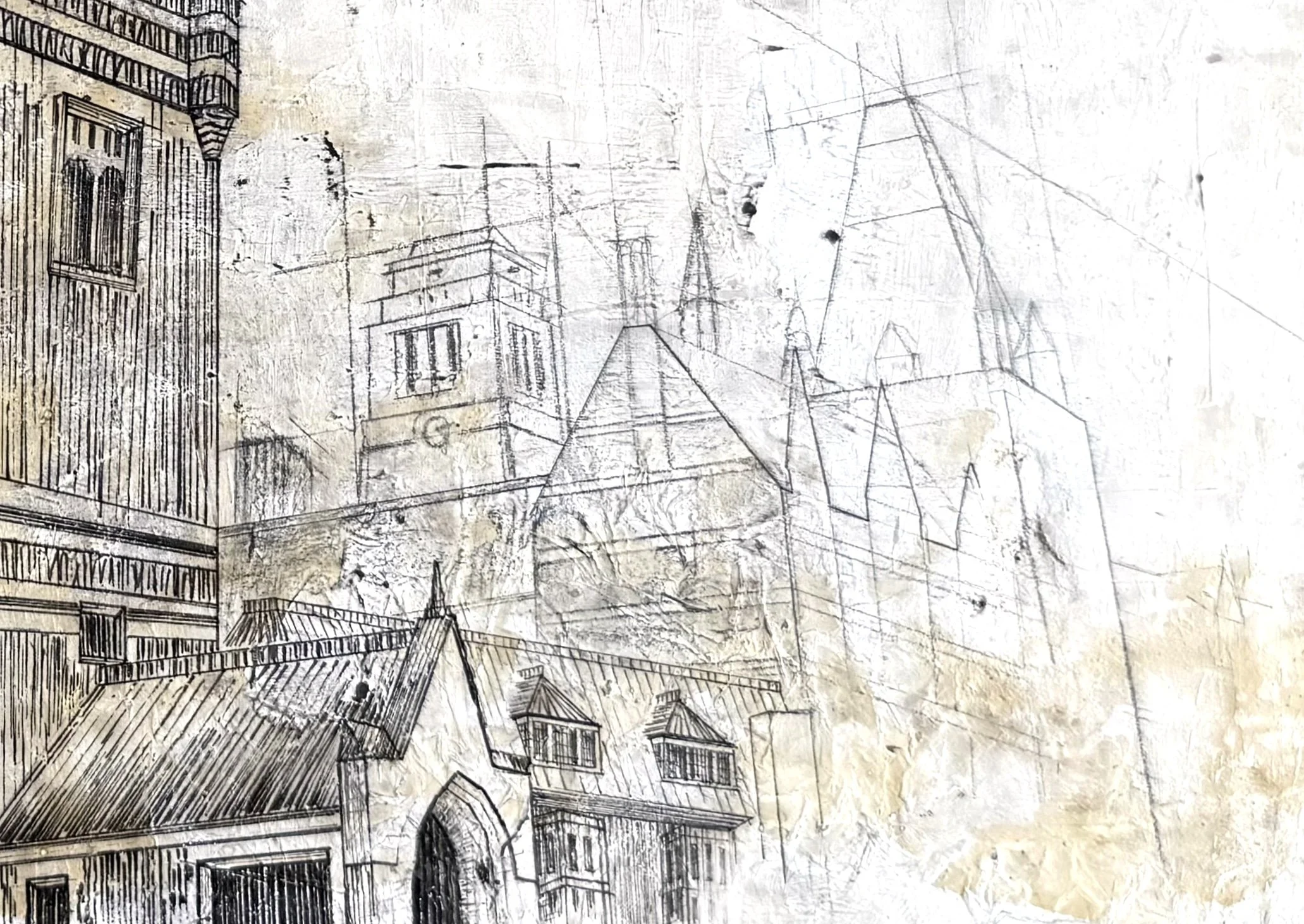 GREAT HALL, UNIVERSITY OF LEEDS,
2021,
acrylic, pen & ink, tissue paper, pencil on MDF
(420x297cm)