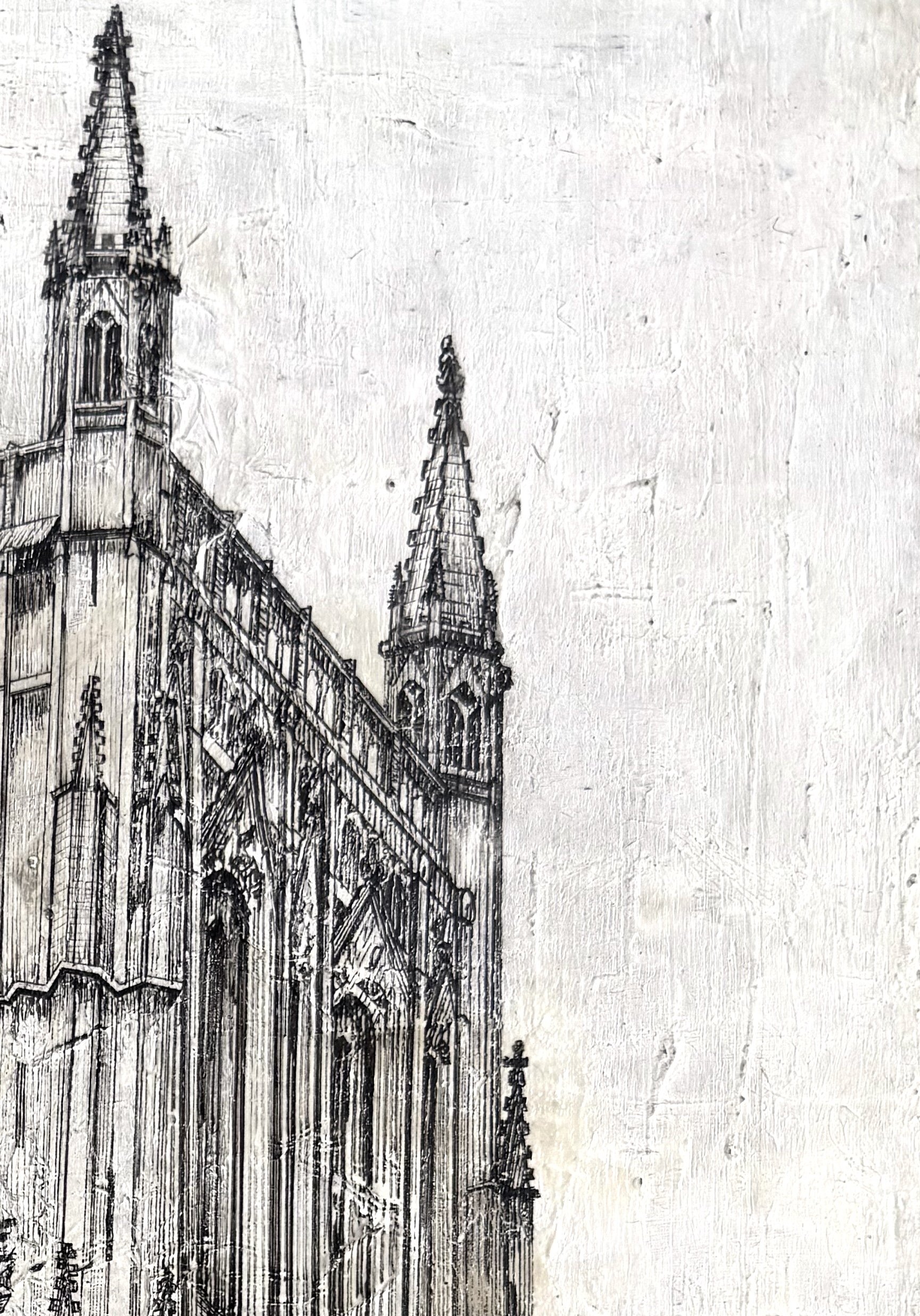 WORCESTER CATHEDRAL, 2021, acrylic, pen & ink, tissue paper, pencil on plywood
(297x420cm)