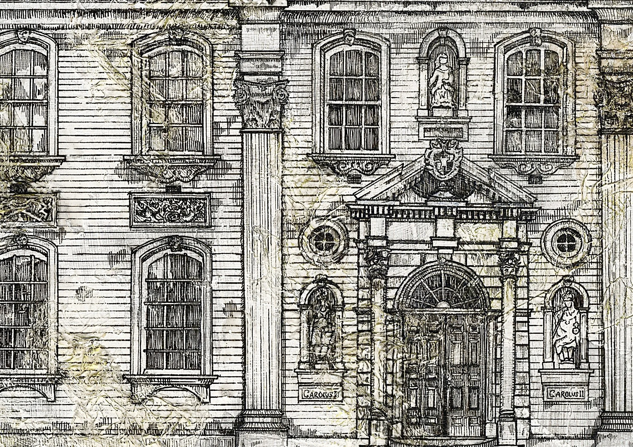 THE GUILDHALL WORCESTER,
2026,
acrylic, pen & ink, tissue paper, pencil on MDF,
(420x297cm)
