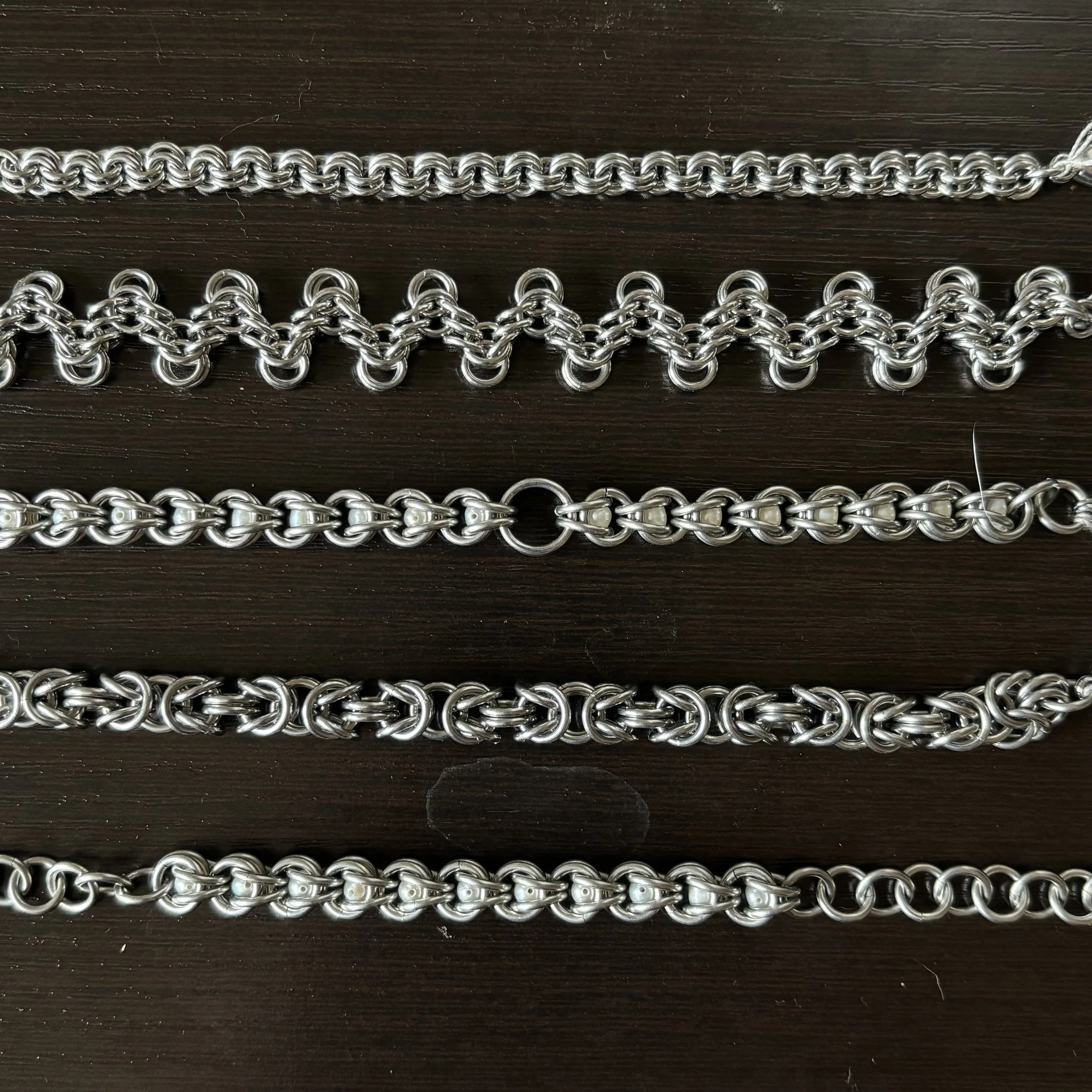 Top to bottom: 2-in-2, Zig zag, Captive freshwater pearls, Byzantine, Captive pearls