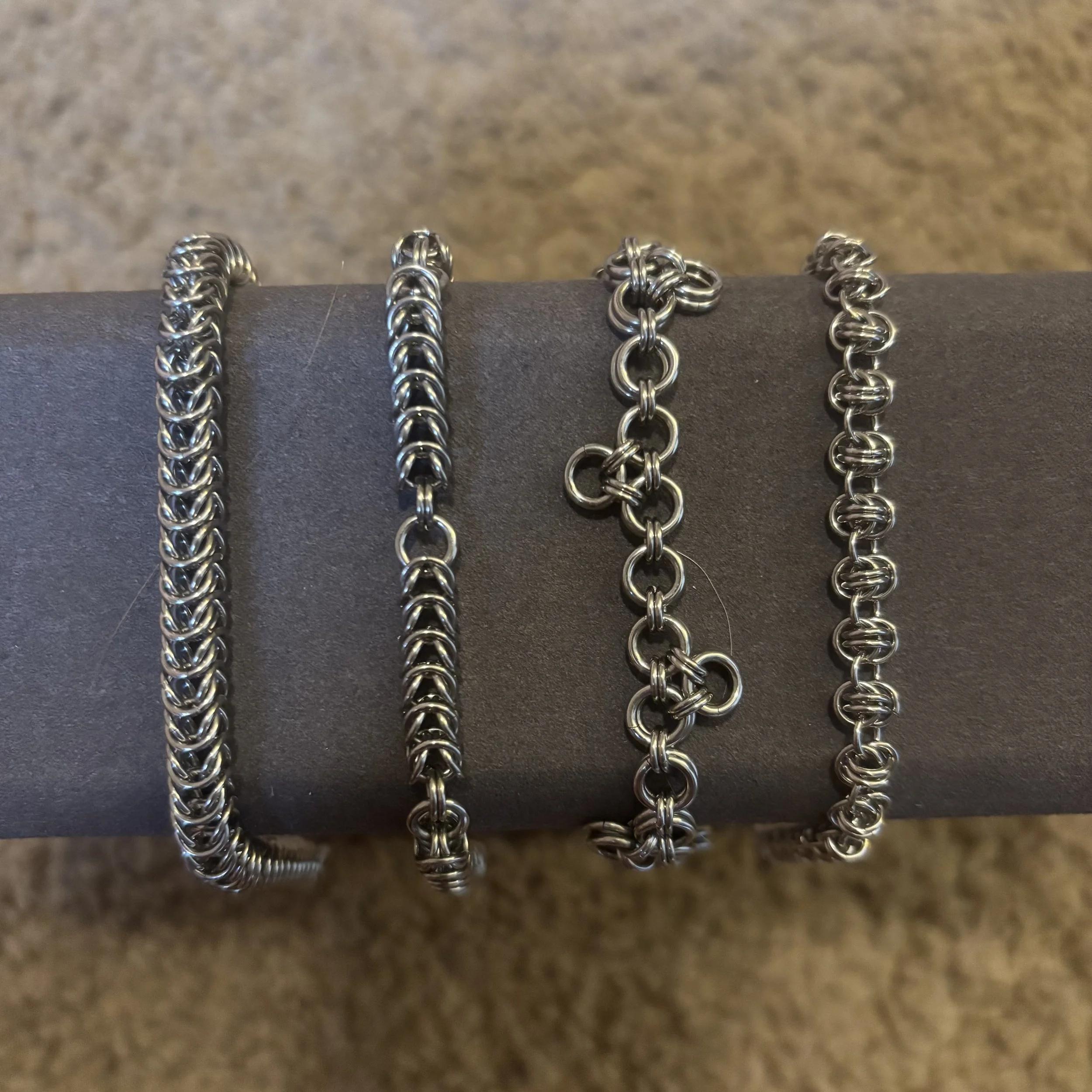 Left to right: Box chain, Segmented box, Japanese 12-in-2 triangles, barrel