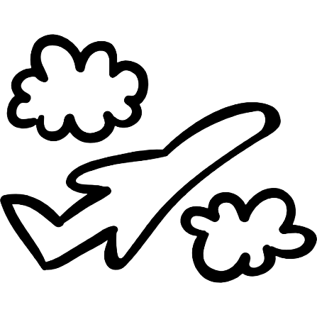 Line drawing of an airplane with clouds around it