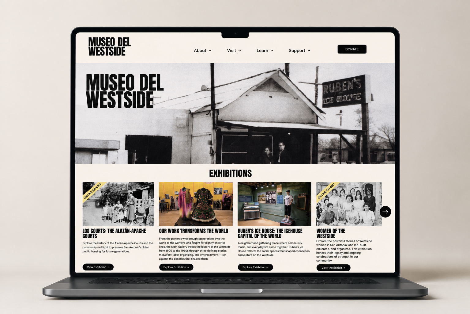 Laptop displaying the website of Museo del Westside with black and white photo of Ruben's Ice House and exhibition thumbnails of history, culture, and community events.