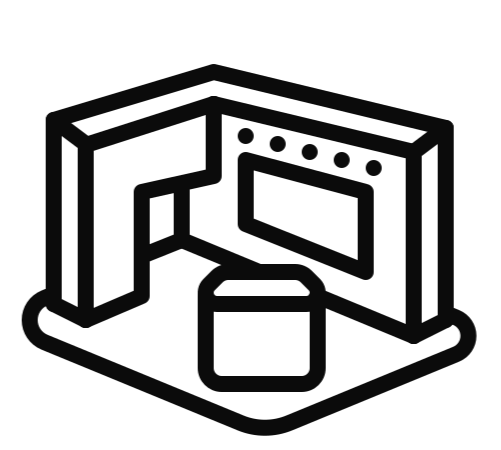 Line drawing of a modern kitchen with a countertop, cabinets, and stove.