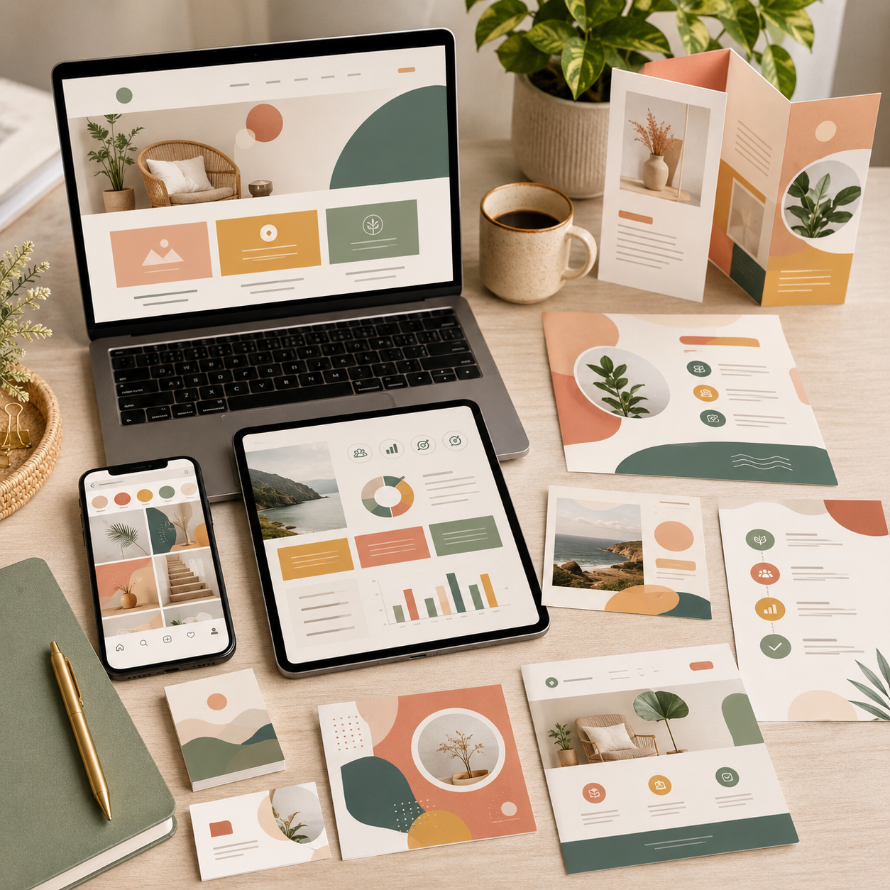 A workspace with a laptop, tablet, and smartphone displaying analytics and design layouts on a wooden desk. There are printed brochures, a cup of coffee, a potted plant, a gold pen, and a notebook.