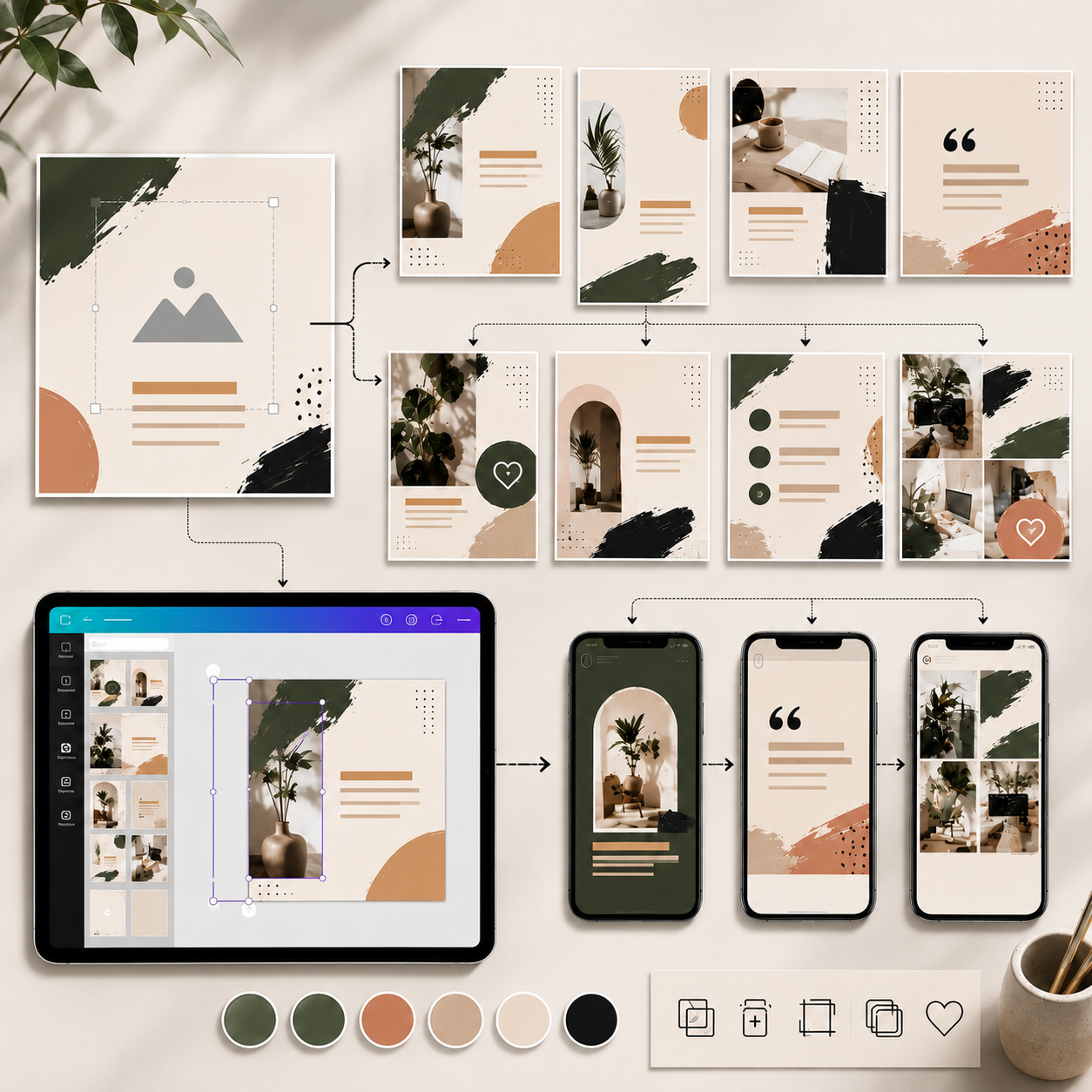A graphic design workflow showing a collage of images and design elements for creating a social media post, displayed on a tablet, smartphone screens, and printed materials, with color palette and editing icons at the bottom.