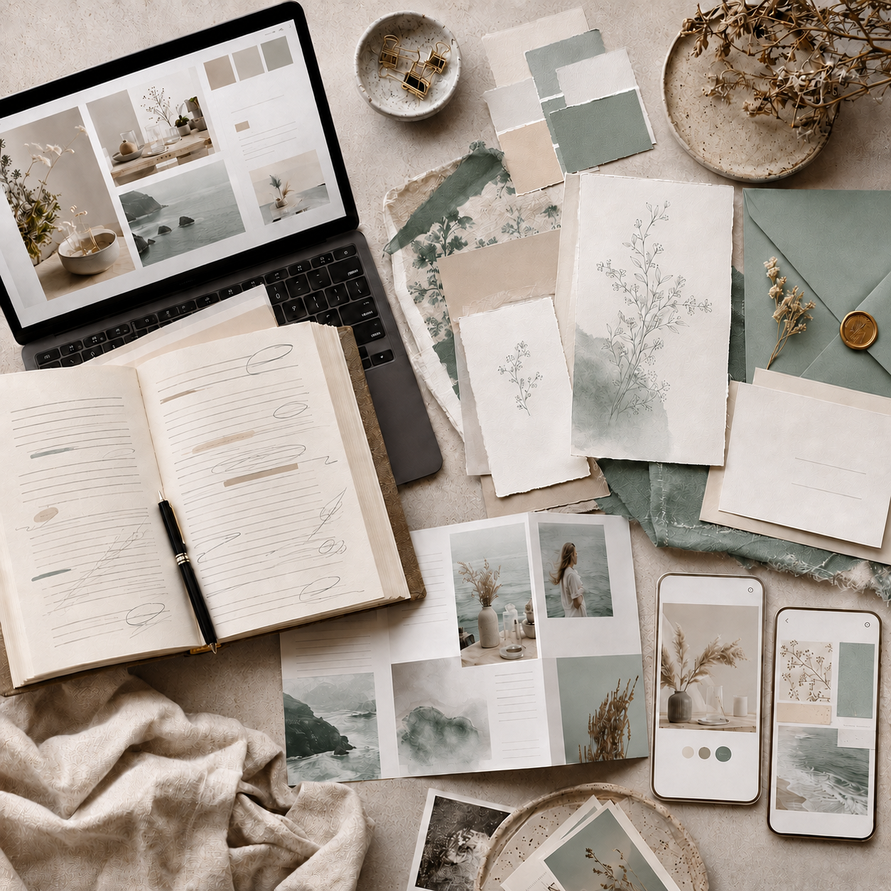 A workspace with an open notebook, a laptop displaying a home decor website, various watercolor art sheets, printed photos, and two smartphones showing interior design images. There are also supplies like paper clips, a sealed envelope, and dried flowers arranged on the surface.
