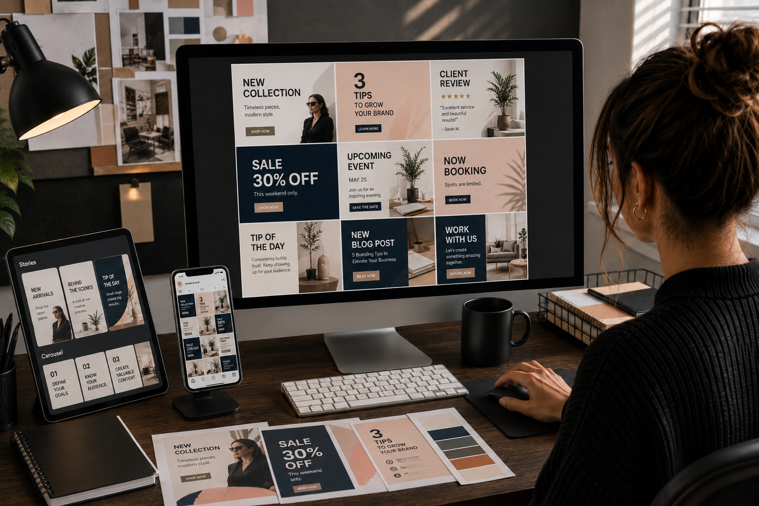 A woman working at a desk with multiple screens and printed materials, designing a website or presentation about marketing, sales, and branding.