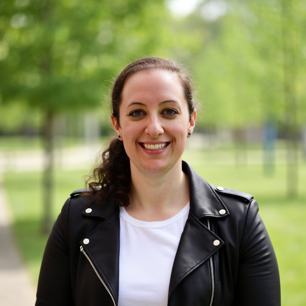 A woman with long brown hair in a ponytail, smiling, wearing a black leather jacket and white t-shirt, outdoors in a park with green trees in the background.