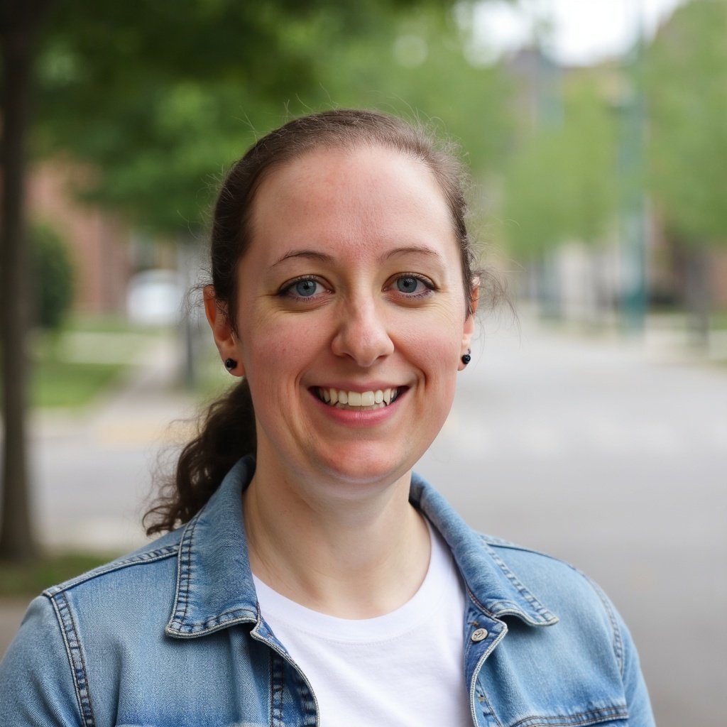 A woman with blue eyes and brown hair in a ponytail, smiling outdoors with trees and a blurred street in the background, wearing a denim jacket and white shirt.