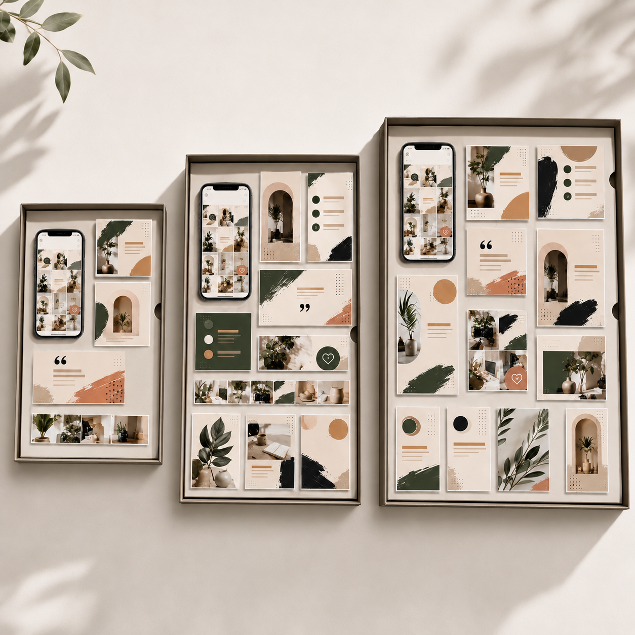 Three shadowed display frames on a wall, showcasing collage-style photos and artwork featuring plants, vases, and abstract designs.