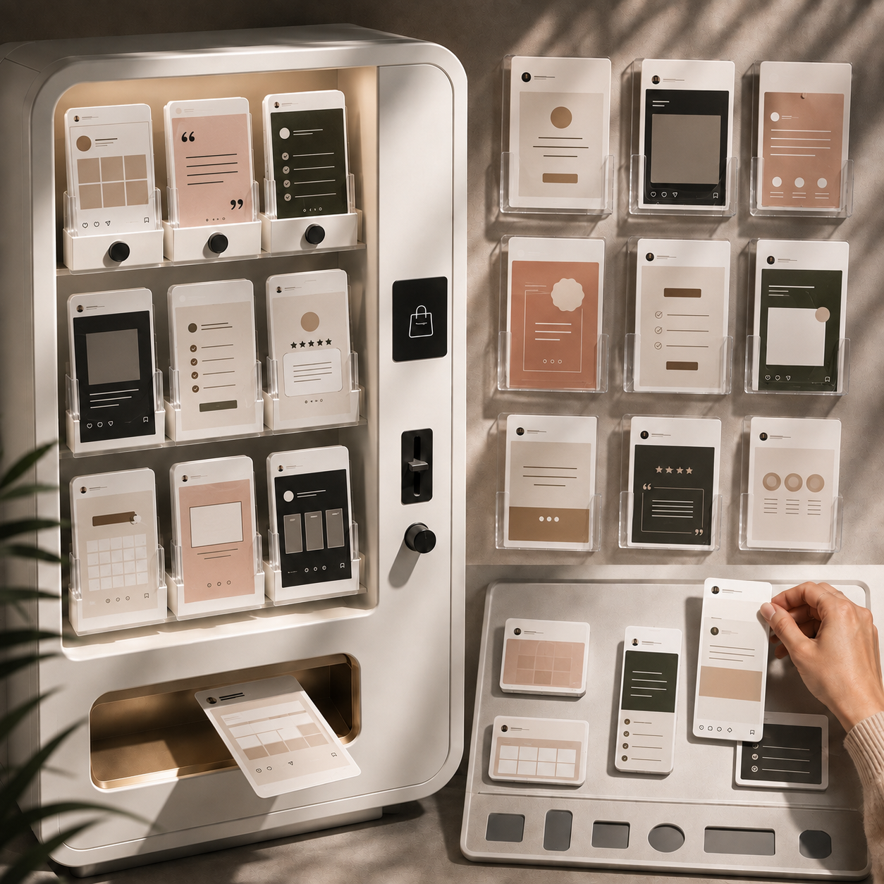 A vending machine with screens displaying mockup designs of digital content, and a person's hand taking a printed design sheet from the machine.