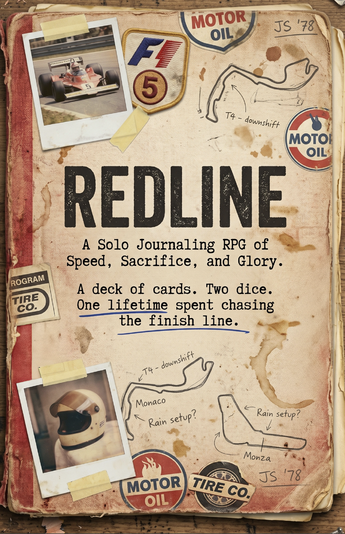Cover of a racing-themed journaling RPG called Redline, featuring vintage car racing references, sketches, and photos of a racing helmet and a vintage F1 car.