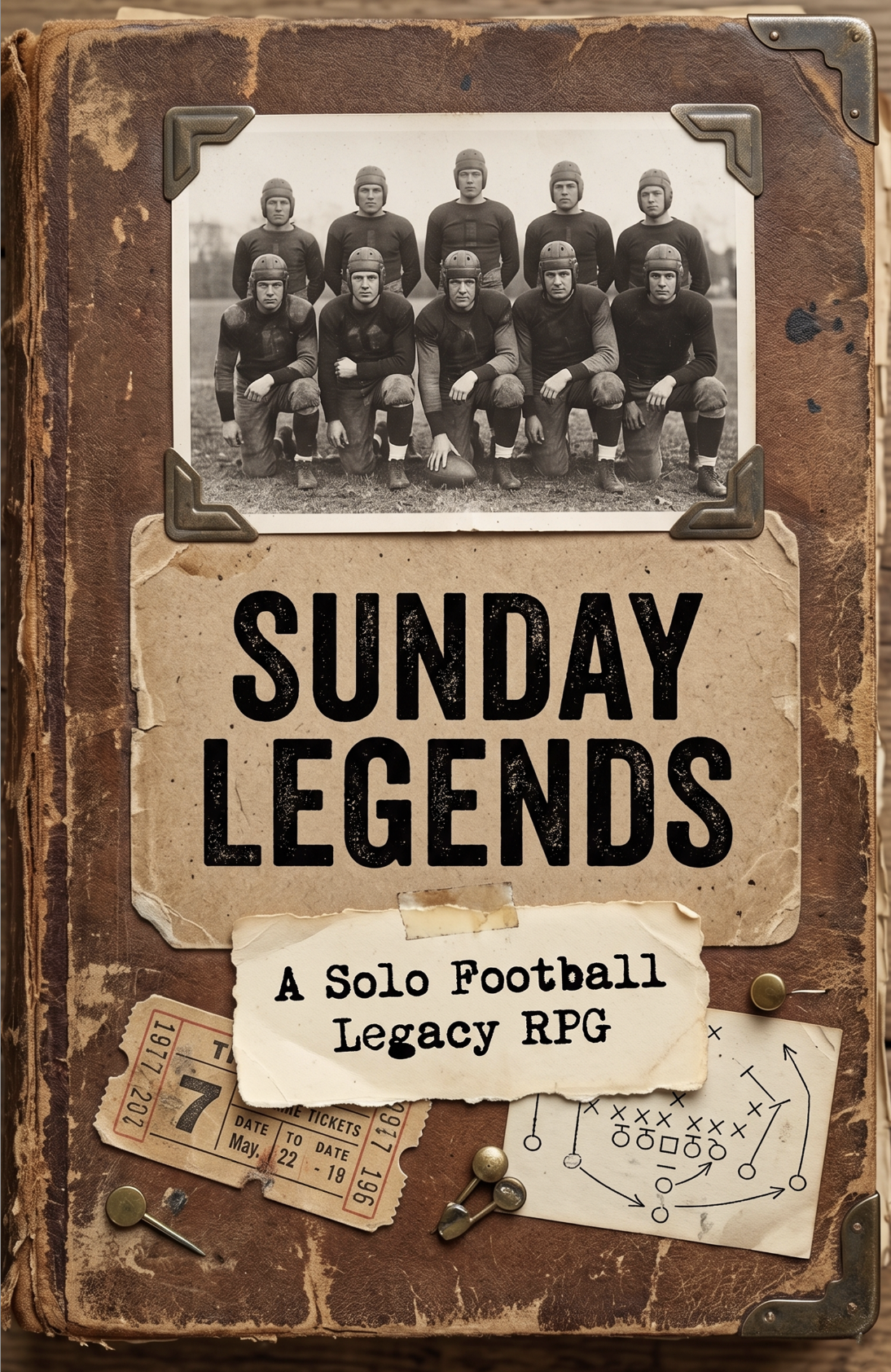 A vintage leather-bound scrapbook with a black and white photograph of a football team on the top, and the title "Sunday Legends". Below, a subtitle reads "A Solo Football Legacy RPG". The scrapbook has old tickets, a diagram of football plays, and s