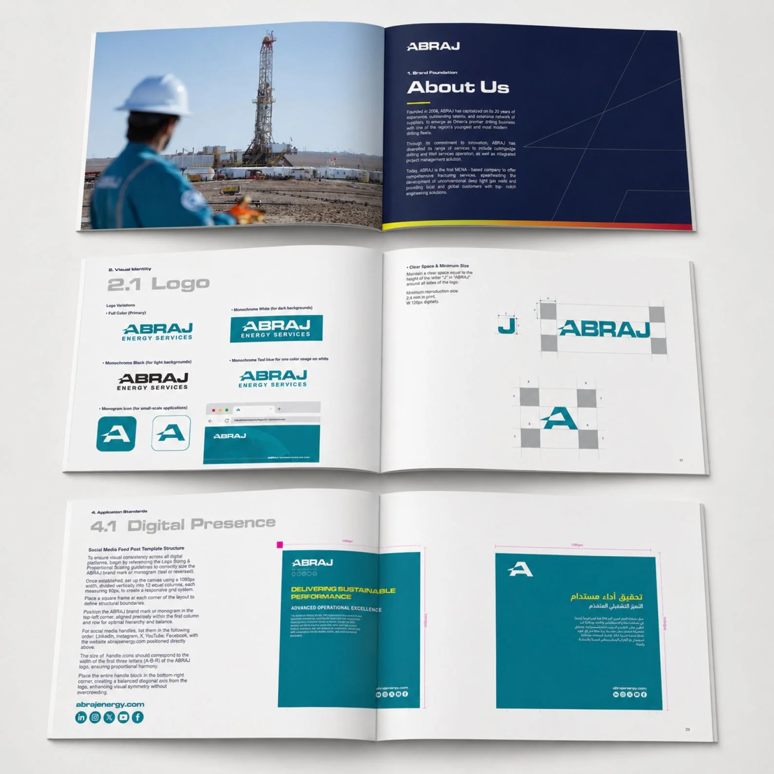 Open booklet with branding guidelines and company information. The left page features the 'About Us' section with a photo of an oil rig and a person in a safety helmet. The right page contains logo variations, branding colors, and design specifications for the 'ABRAJ' company.
