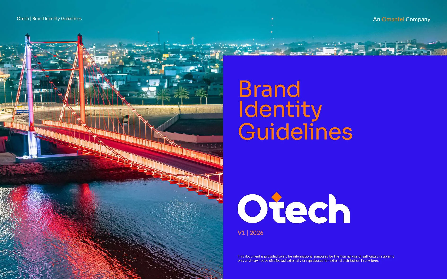 The cover page of a document titled 'Otech Brand Identity Guidelines.' It features a night cityscape with a brightly lit bridge reflecting on the water, and a blue overlay with orange and white text.