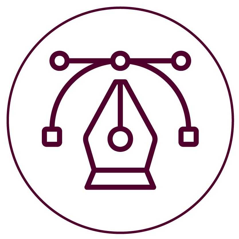 Graphic of a pen tool with anchor points and bezier handles, representing vector graphic editing.
