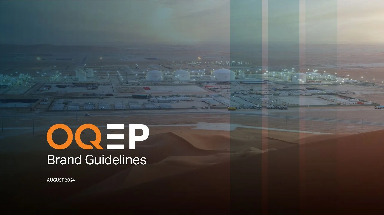 Cover page of ONU brand guidelines document with an aerial view of an industrial facility or airport in a desert landscape
