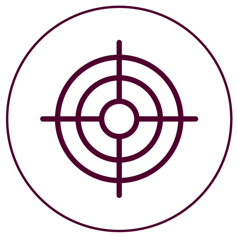 A digital crosshair target with concentric circles and four main lines on a black background.