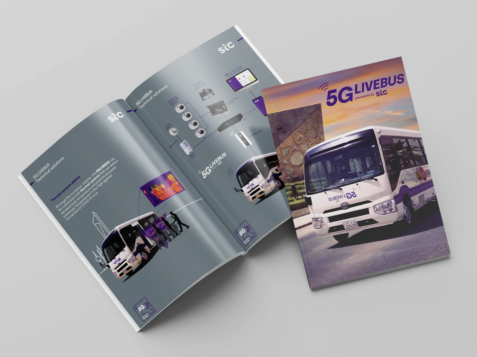 Open brochure with information about 5G Live Bus service, showing buses, technical details, and maps.