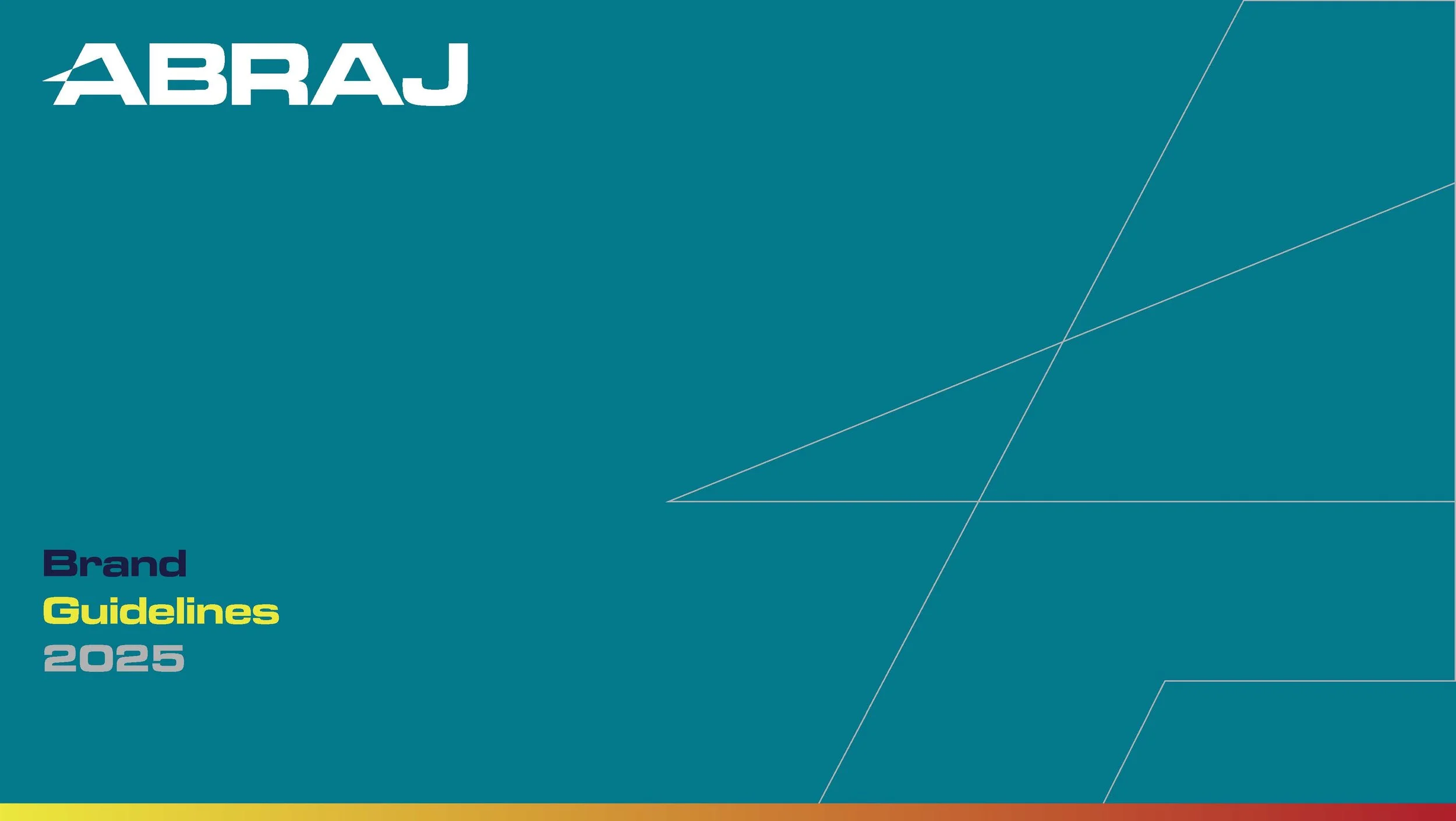 A cover page of a 2025 brand guidelines booklet with a teal background, white geometric lines, and the words 'Brand Guidelines 2025' in dark blue, yellow, and gray text.