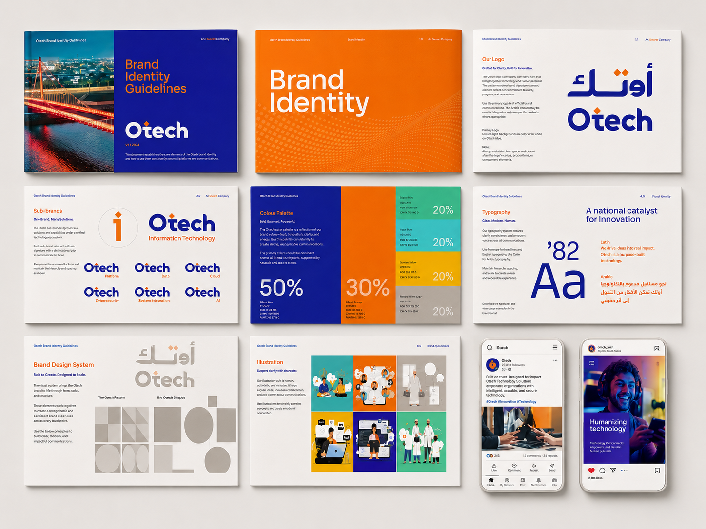 Display of Otech brand identity guidelines, including covers, logo, color palette, typography, system application, and social media mockups for Otech.
