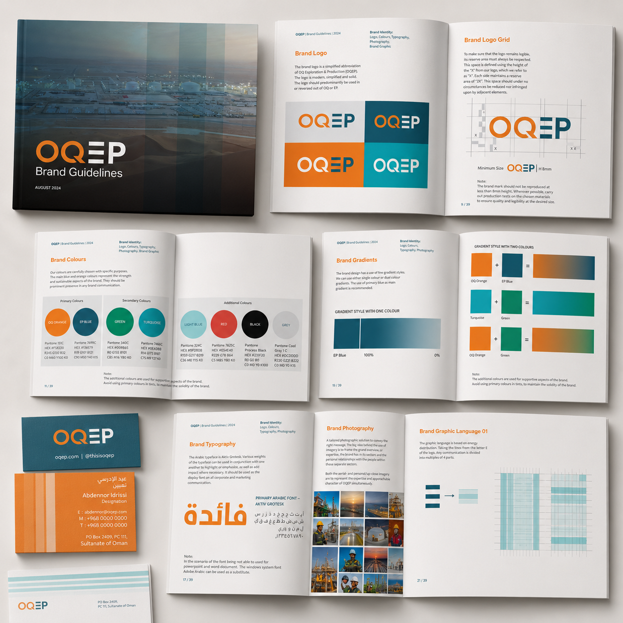 Open brand guidelines booklet and related branding materials for OQEP, including logo samples, color palettes, gradient styles, typography, photography style, and graphic language, laid out on a table.