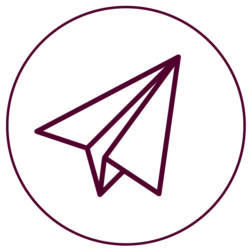 Purple outline icon of a paper airplane within a circular border on a black background.