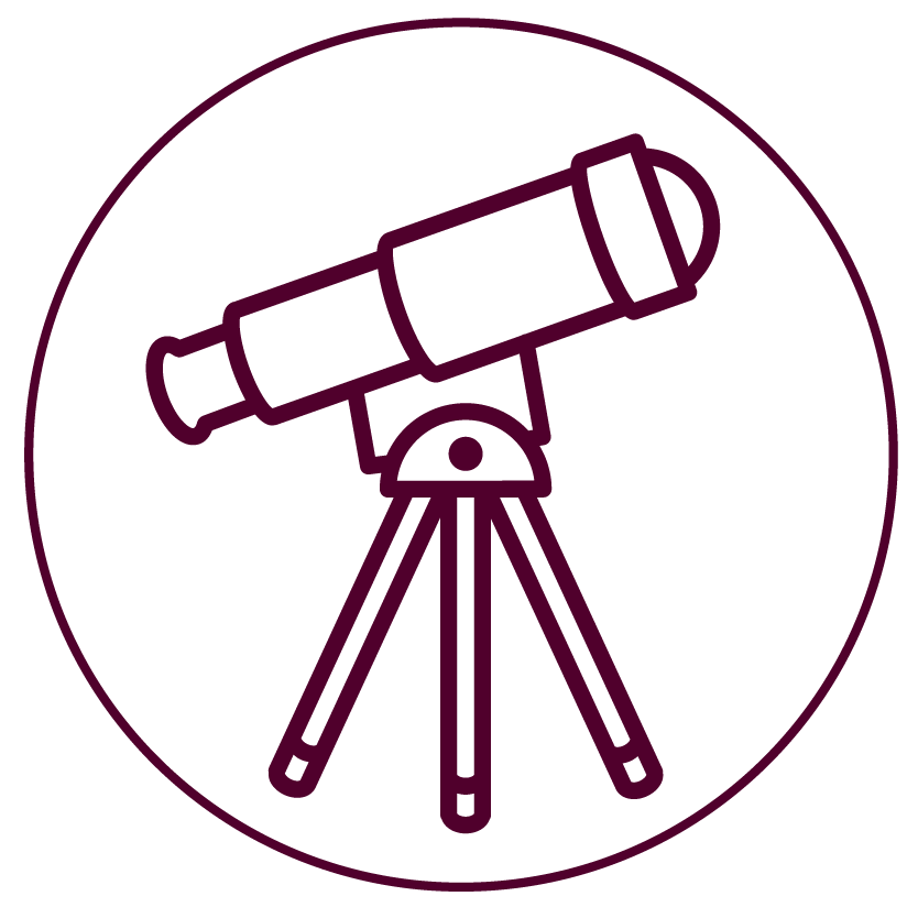 Outline illustration of a telescope on a tripod inside a circle.