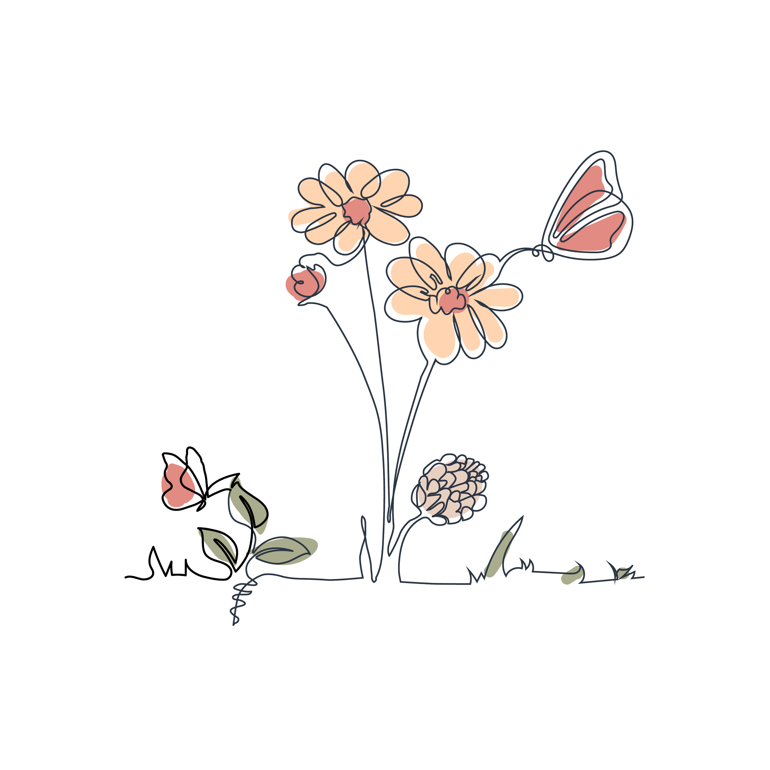 A delicate line drawing of flowers and a butterfly with orange, pink, and green accents.