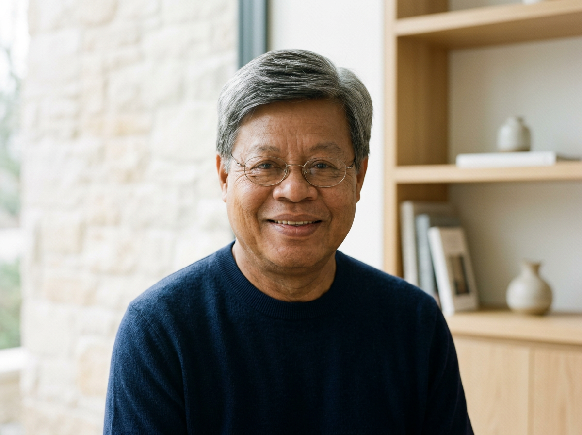 An older man with gray hair and glasses smiling at the camera, wearing a dark blue sweater, indoors near a window and bookshelf.