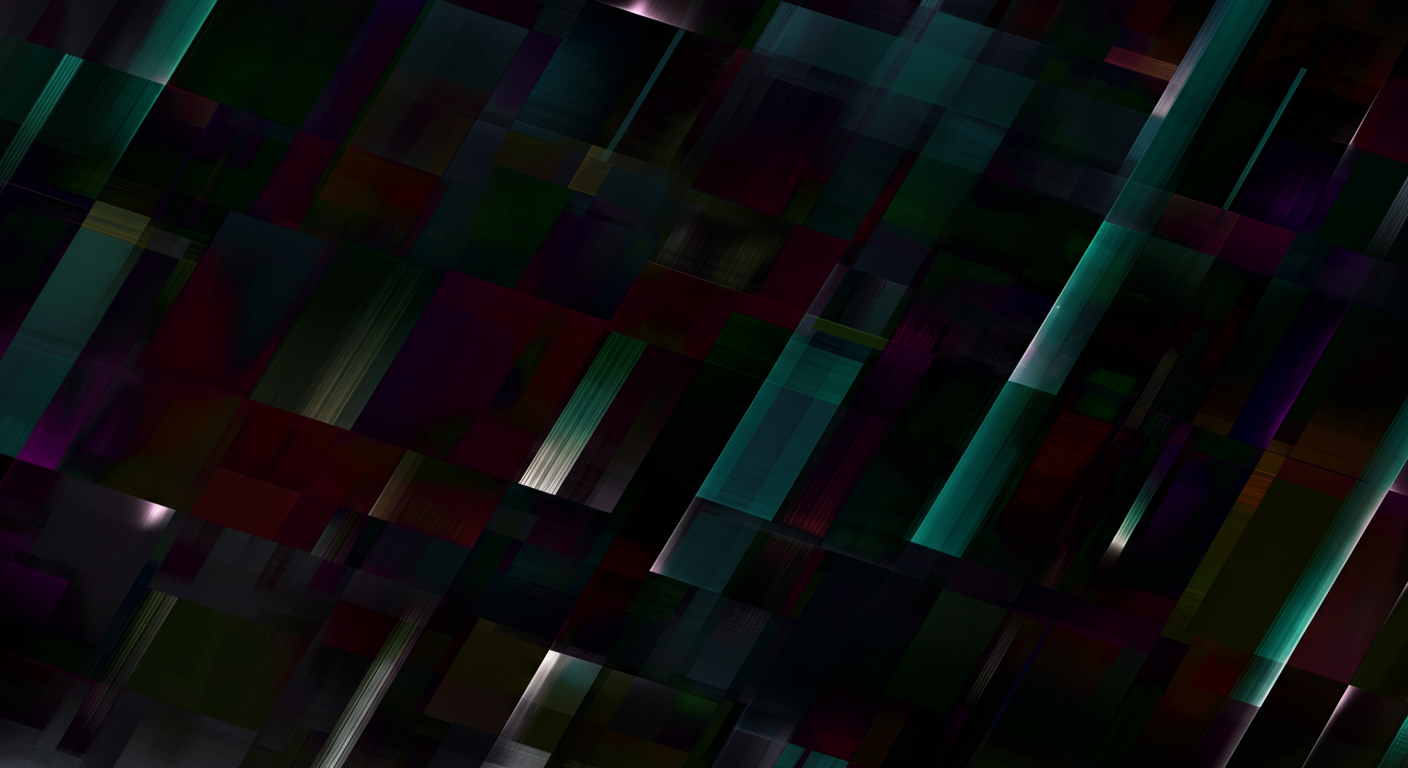 Abstract digital artwork with multicolored rectangular lines and shapes on a dark background.
