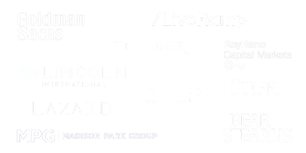 Collection of logos for various financial and investment firms, including Goldman Sachs, Lincoln International, Lazard, MPIC Madison Park Group, LiveRamp, KeyBank Capital Markets, and Bear Stearns.