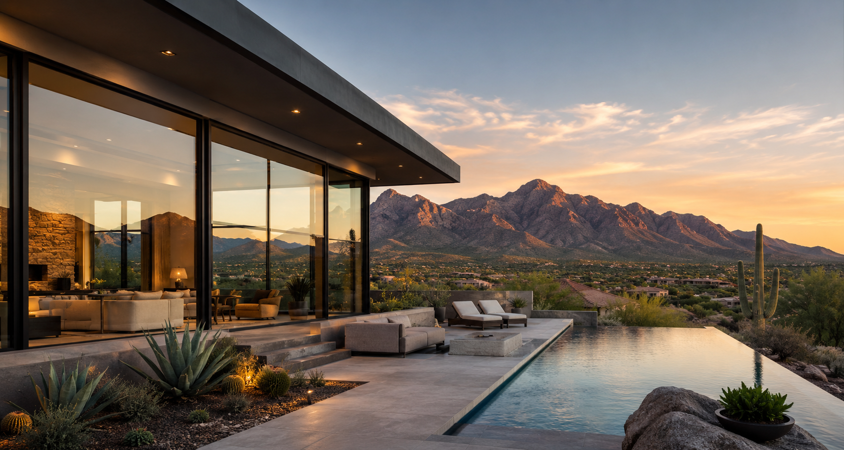 Modern house with glass walls and outdoor pool, desert plants, mountains in the background during sunset.