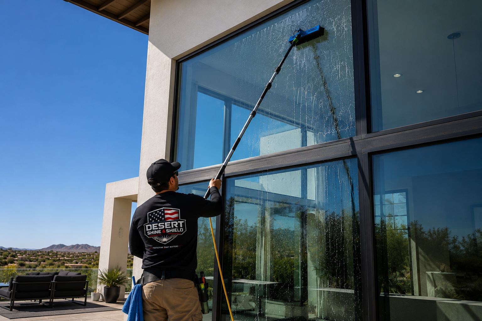 A person cleaning large glass windows on a modern house using a long-handled squeegee during a sunny day.