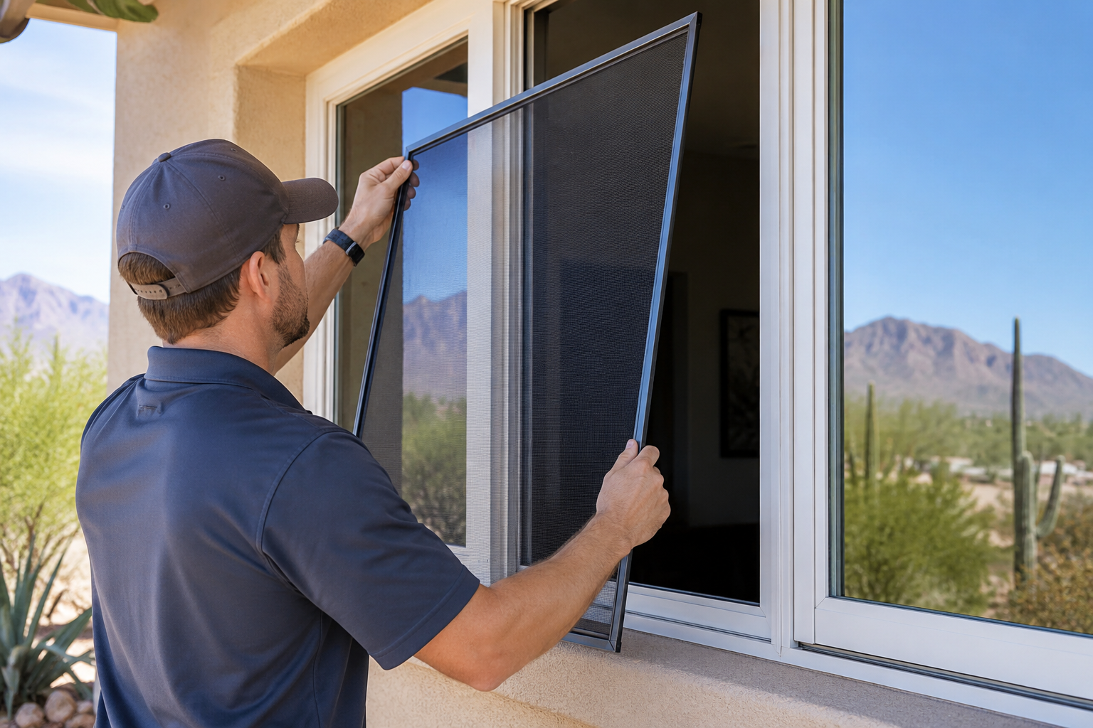 A man installing a window screen on a sliding window in a desert landscape with mountains.