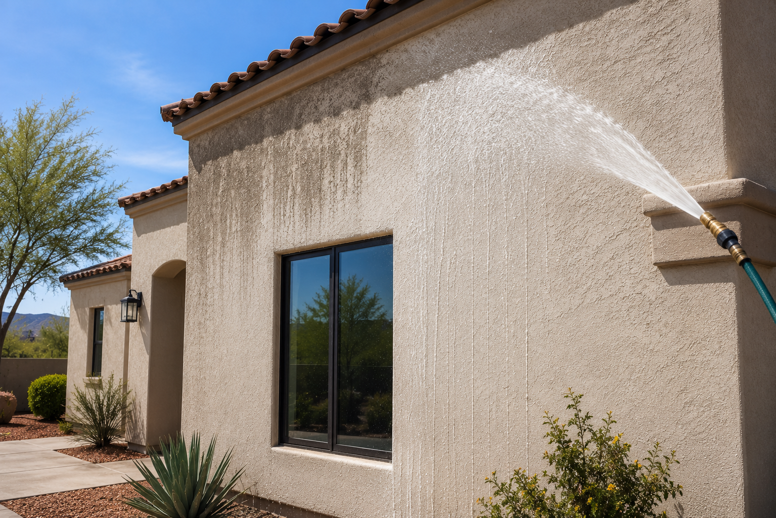 A house exterior with beige stucco walls, black window frames, a small plant, and a garden hose spraying water on the wall.