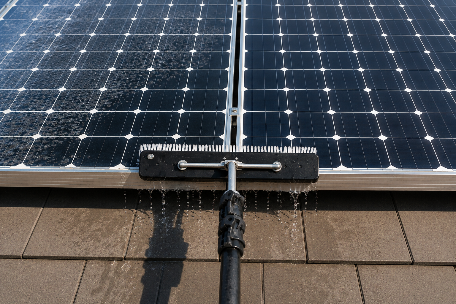 Cleaning solar panels on a rooftop with a water spray device.