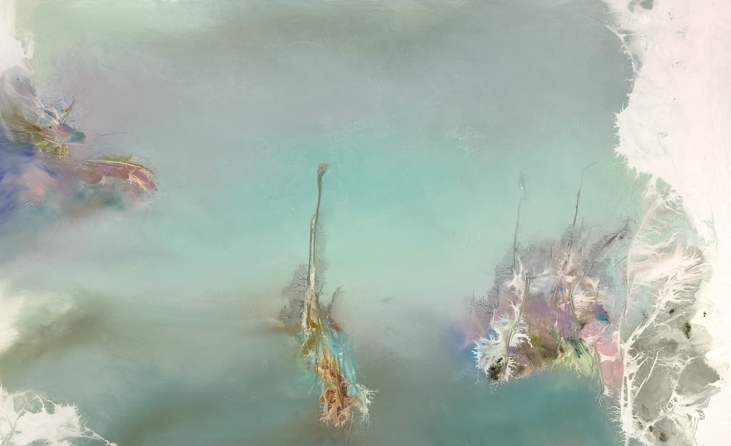Abstract watercolor painting with soft pastel colors, including shades of green, pink, purple, and blue, with some darker accents and delicate white and black details.