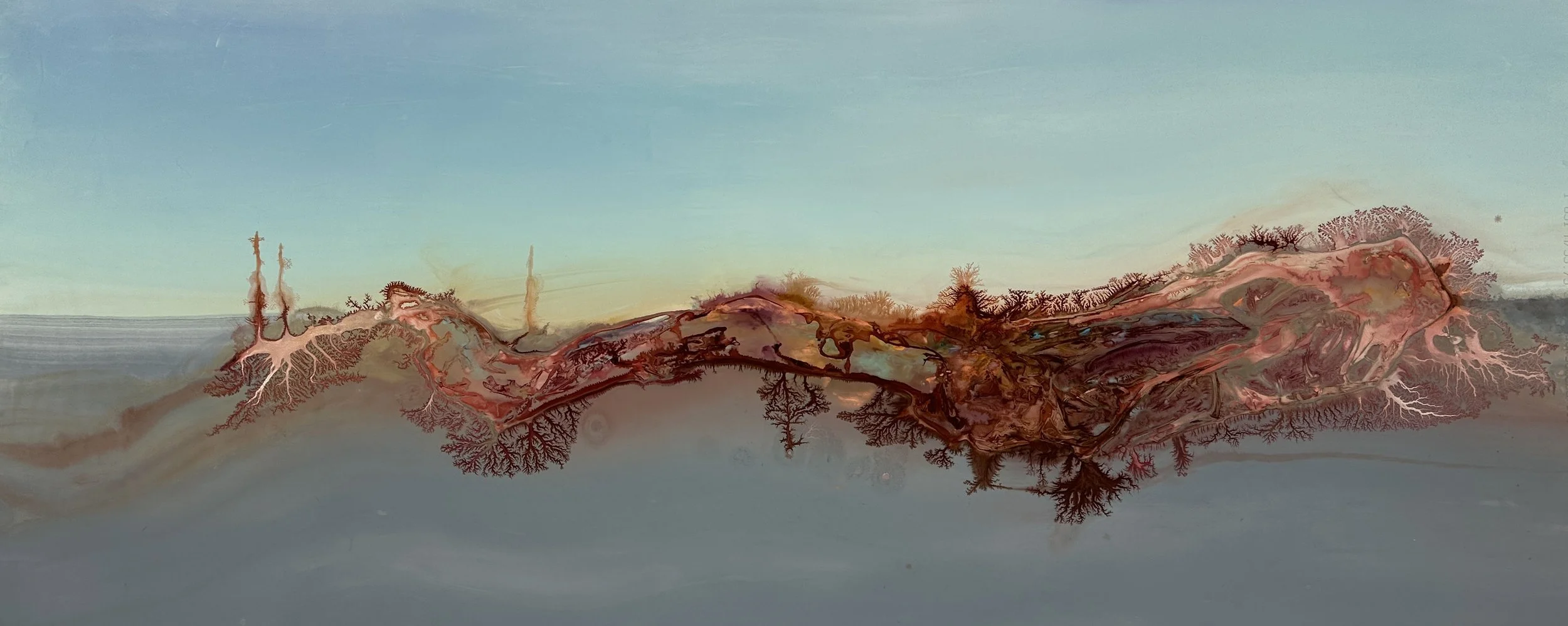 Abstract landscape painting featuring a horizon with soft pastel skies and intricate, branching red and brown formations resembling trees or coral, reflected in water.