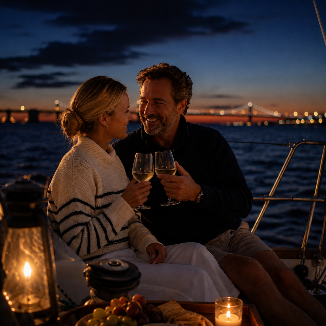 Kadima Sails couple enjoying a romantic sunset sailing experience with wine and candlelight aboard the boat.