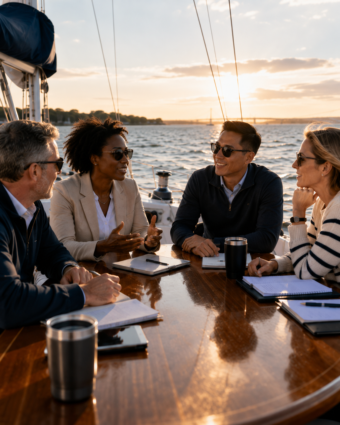 Kadima Sails corporate charter with professionals meeting and collaborating aboard a sailboat at sunset.