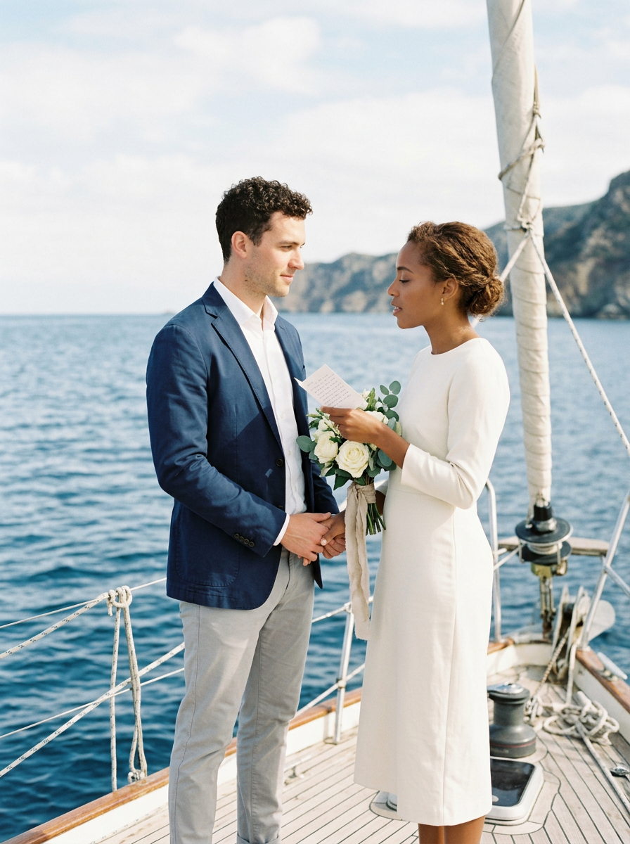 Kadima Sails couple exchanging vows during an intimate wedding ceremony aboard a sailboat.