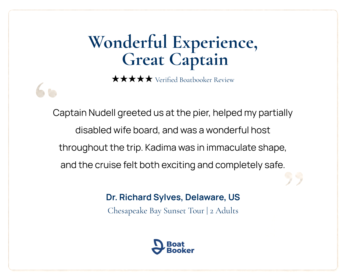 Five-star BoatBooker review praising Captain Elliot Nudell as a helpful and accommodating captain with Kadima Sails.