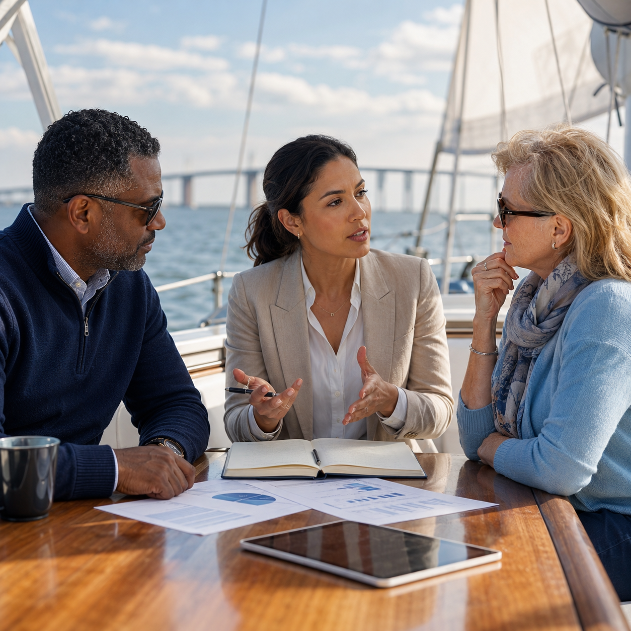 Kadima Sails professionals discussing ideas during a corporate sailing charter on the Chesapeake Bay.